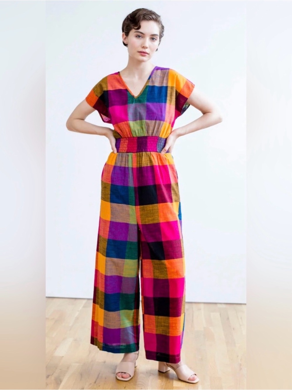 Rujuta Sheth Marie Cinch Wide-Leg Jumpsuit with Elastic Waist, Multi Chex, Large